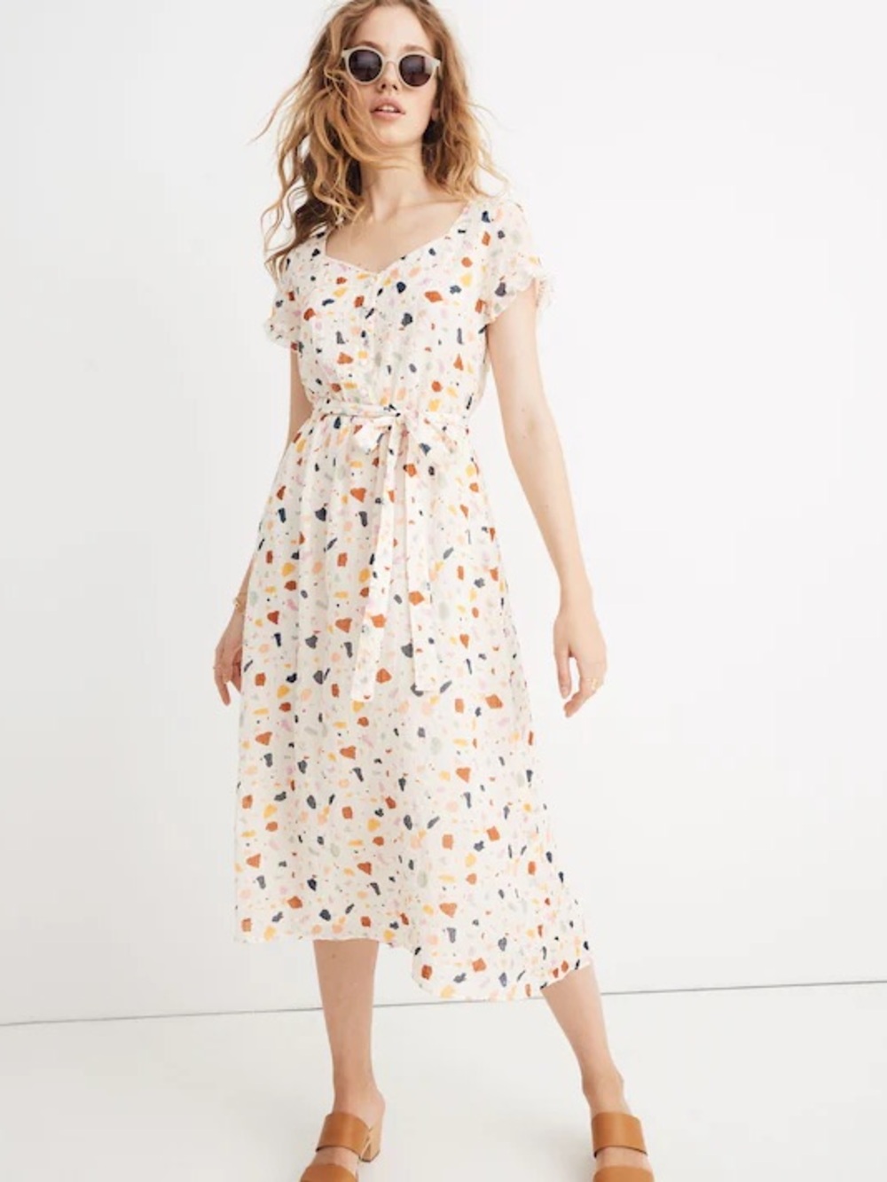Madewell Cream Terrazzo-Print Midi Dress with Multicolor Specks